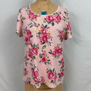 Karen Scott Pink and White Check + Floral Scoop Neck Short Sleeve Tee Shirt Sz L